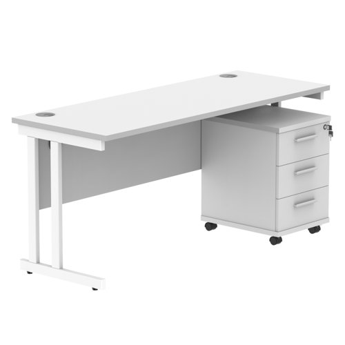 Double Upright Rectangular Desk + 3 Drawer Mobile Under Desk Pedestal 1600X600 Arctic White/White