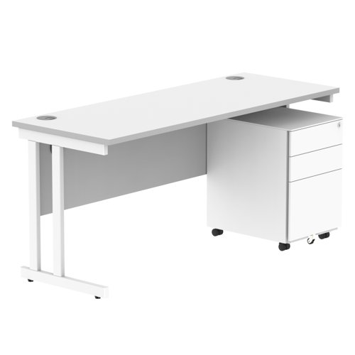 Double Upright Rectangular Desk + Under Desk Steel Pedestal 3 Drawers 1600X600 Arctic White/White