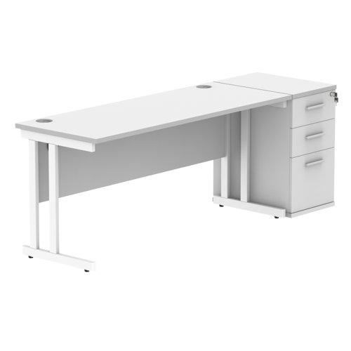 Double Upright Rectangular Desk + Desk High Pedestal 1600X600 Arctic White/White