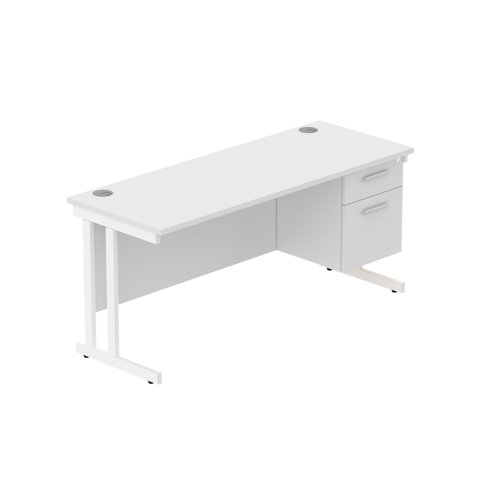Office Rectangular Desk with Steel Double Upright Cantilever Legs + 2 Drawer Fixed Pedestal (FSC) 1600X600 Arctic White/White