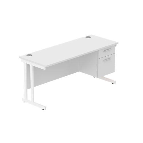 Office Rectangular Desk with Steel Double Upright Cantilever Legs + 2 Drawer Fixed Pedestal  1600X600 Arctic White/White