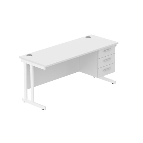 Office Rectangular Desk with Steel Double Upright Cantilever Legs + 3 Drawer Fixed Pedestal (FSC) 1600X600 Arctic White/White