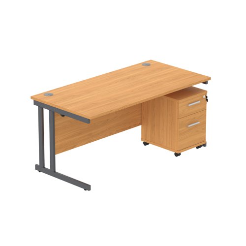 Double Upright Rectangular Desk + 2 Drawer Mobile Under Desk Pedestal (FSC) 1600X800 Norwegian Beech/Graphite