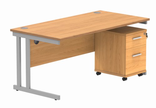 Double Upright Rectangular Desk + 2 Drawer Mobile Under Desk Pedestal 1600X800 Norwegian Beech/Silver