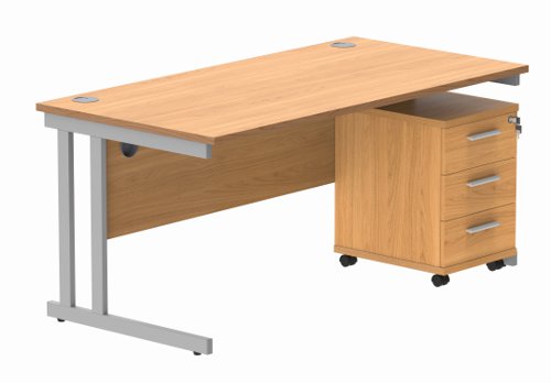Double Upright Rectangular Desk + 3 Drawer Mobile Under Desk Pedestal 1600X800 Norwegian Beech/Silver