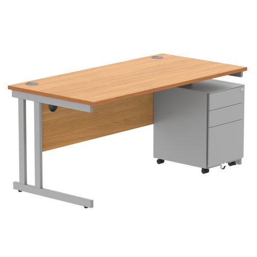 Double Upright Rectangular Desk + Under Desk Steel Pedestal 3 Drawers 1600X800 Norwegian Beech/Silver