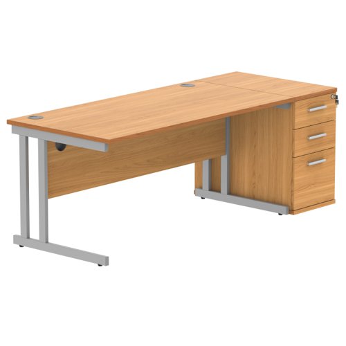Double Upright Rectangular Desk + Desk High Pedestal 1600X800 Norwegian Beech/Silver