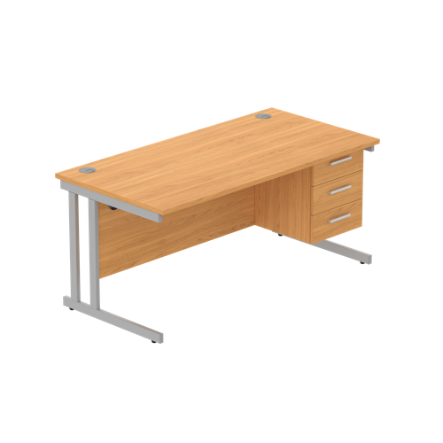 Office Rectangular Desk with Steel Double Upright Cantilever Legs + 3 Drawer Fixed Pedestal  1600X800 Norwegian Beech/Silver