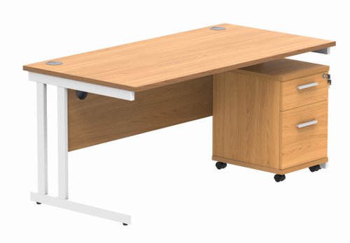 Double Upright Rectangular Desk + 2 Drawer Mobile Under Desk Pedestal 1600X800 Norwegian Beech/White