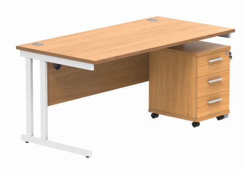 Double Upright Rectangular Desk + 3 Drawer Mobile Under Desk Pedestal 1600X800 Norwegian Beech/White