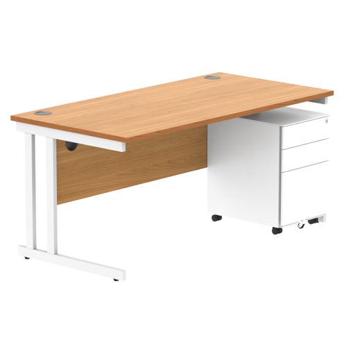 Double Upright Rectangular Desk + Under Desk Steel Pedestal 3 Drawers 1600X800 Norwegian Beech/White
