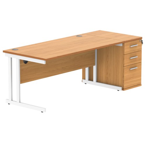 Double Upright Rectangular Desk + Desk High Pedestal 1600X800 Norwegian Beech/White