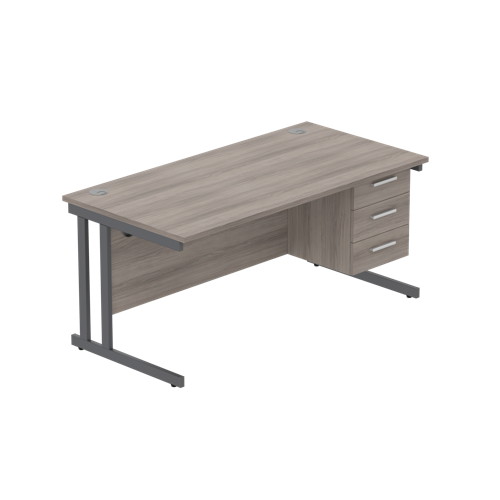 Office Rectangular Desk with Steel Double Upright Cantilever Legs + 3 Drawer Fixed Pedestal  1600X800 Alaskan Grey Oak/Graphite