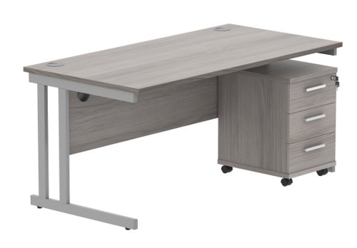 Double Upright Rectangular Desk + 3 Drawer Mobile Under Desk Pedestal (FSC) 1600X800 Alaskan Grey Oak/Silver