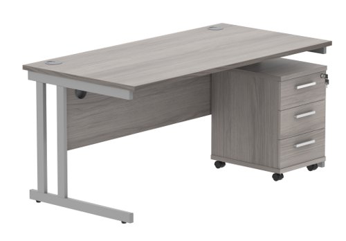 Double Upright Rectangular Desk + 3 Drawer Mobile Under Desk Pedestal 1600X800 Alaskan Grey Oak/Silver