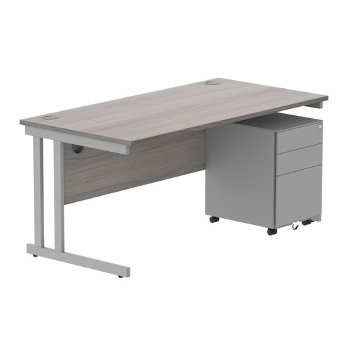 Double Upright Rectangular Desk + Under Desk Steel Pedestal 3 Drawers 1600X800 Alaskan Grey Oak/Silver