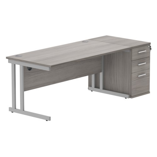 Double Upright Rectangular Desk + Desk High Pedestal 1600X800 Alaskan Grey Oak/Silver