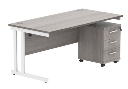 Double Upright Rectangular Desk + 3 Drawer Mobile Under Desk Pedestal 1600X800 Alaskan Grey Oak/White
