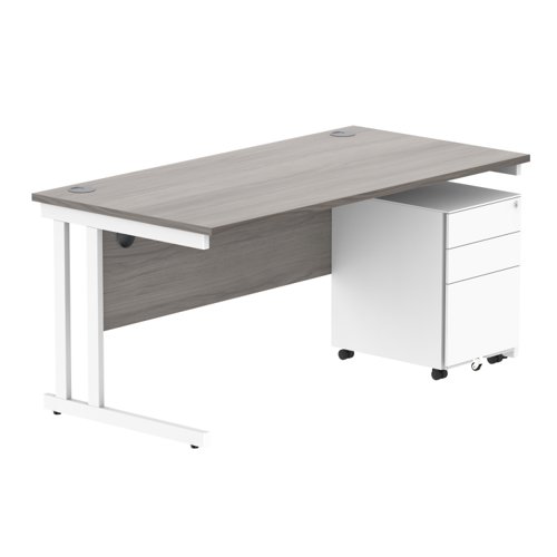 Double Upright Rectangular Desk + Under Desk Steel Pedestal 3 Drawers 1600X800 Alaskan Grey Oak/White