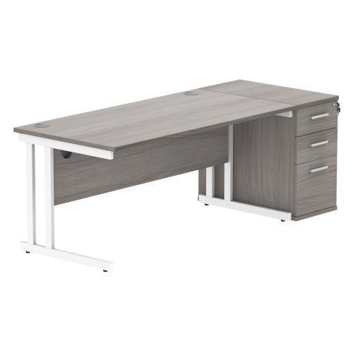 Double Upright Rectangular Desk + Desk High Pedestal 1600X800 Alaskan Grey Oak/White