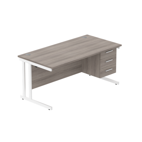 Office Rectangular Desk with Steel Double Upright Cantilever Legs + 3 Drawer Fixed Pedestal  1600X800 Alaskan Grey Oak/White