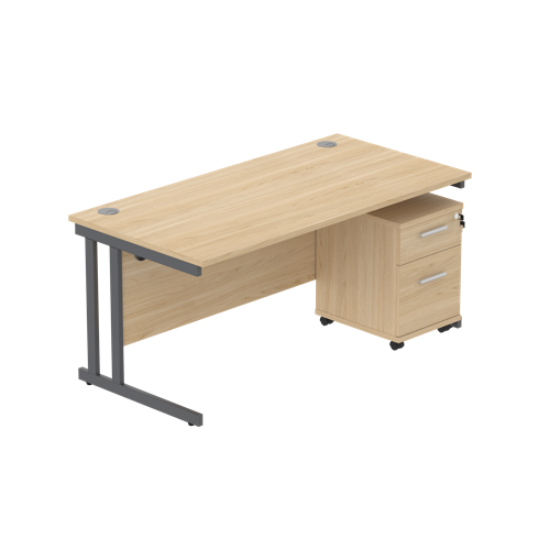 Double Upright Rectangular Desk + 2 Drawer Mobile Under Desk Pedestal  1600X800 Canadian Oak/Graphite