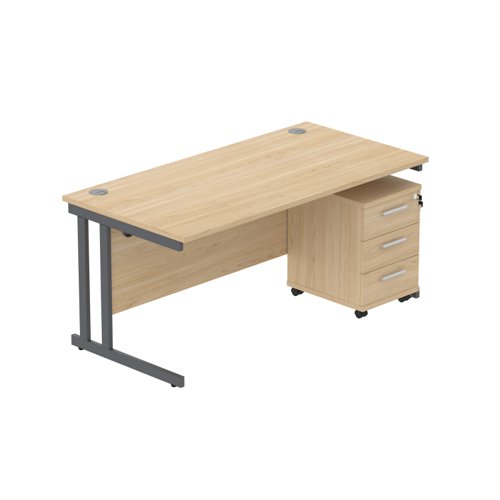 Double Upright Rectangular Desk + 3 Drawer Mobile Under Desk Pedestal (FSC) 1600X800 Canadian Oak/Graphite