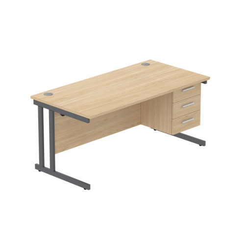 Office Rectangular Desk with Steel Double Upright Cantilever Legs + 3 Drawer Fixed Pedestal  1600X800 Canadian Oak/Graphite