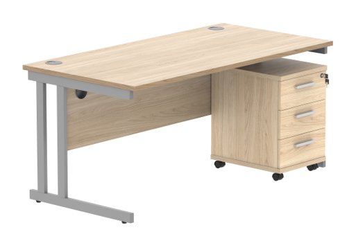 Double Upright Rectangular Desk + 3 Drawer Mobile Under Desk Pedestal 1600X800 Canadian Oak/Silver