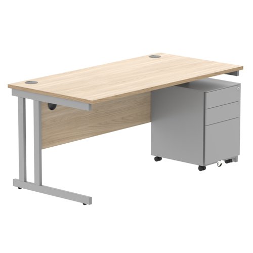 Double Upright Rectangular Desk + Under Desk Steel Pedestal 3 Drawers 1600X800 Canadian Oak/Silver