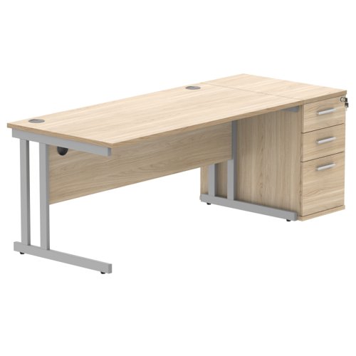 Double Upright Rectangular Desk + Desk High Pedestal 1600X800 Canadian Oak/Silver