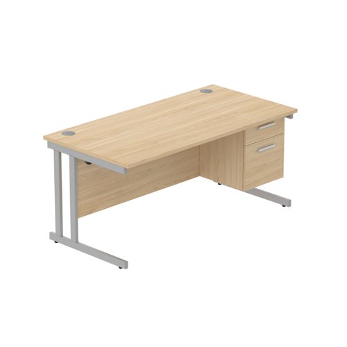 Office Rectangular Desk with Steel Double Upright Cantilever Legs + 2 Drawer Fixed Pedestal (FSC) 1600X800 Canadian Oak/Silver