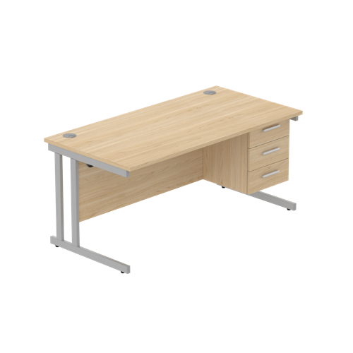 Office Rectangular Desk with Steel Double Upright Cantilever Legs + 3 Drawer Fixed Pedestal  1600X800 Canadian Oak/Silver