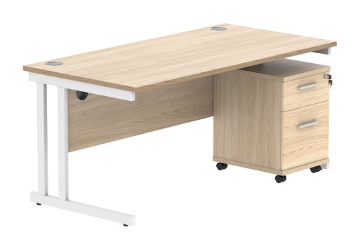 Double Upright Rectangular Desk + 2 Drawer Mobile Under Desk Pedestal (FSC) 1600X800 Canadian Oak/White