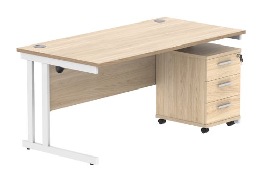 Double Upright Rectangular Desk + 3 Drawer Mobile Under Desk Pedestal 1600X800 Canadian Oak/White