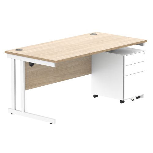Double Upright Rectangular Desk + Under Desk Steel Pedestal 3 Drawers 1600X800 Canadian Oak/White