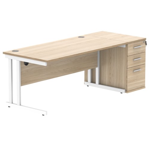 Double Upright Rectangular Desk + Desk High Pedestal 1600X800 Canadian Oak/White