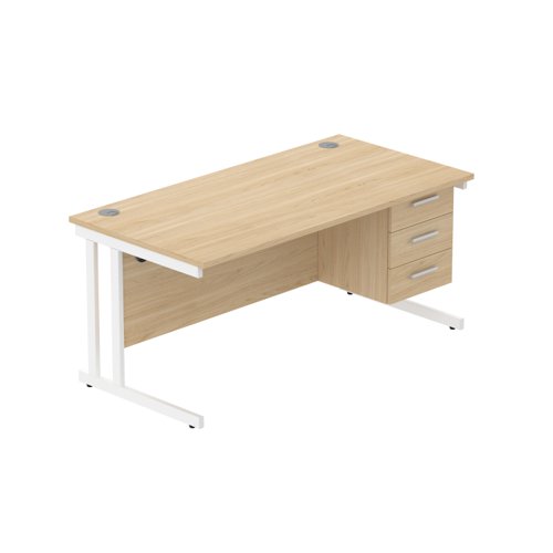 Office Rectangular Desk with Steel Double Upright Cantilever Legs + 3 Drawer Fixed Pedestal (FSC) 1600X800 Canadian Oak/White