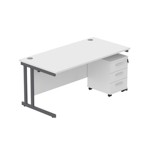 Double Upright Rectangular Desk + 3 Drawer Mobile Under Desk Pedestal (FSC) 1600X800 Arctic White/Graphite
