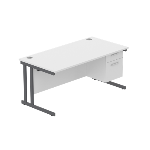 Office Rectangular Desk with Steel Double Upright Cantilever Legs + 2 Drawer Fixed Pedestal  1600X800 Arctic White/Graphite