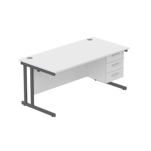 Office Rectangular Desk with Steel Double Upright Cantilever Legs + 3 Drawer Fixed Pedestal  1600X800 Arctic White/Graphite