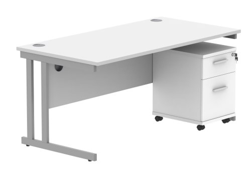 Double Upright Rectangular Desk + 2 Drawer Mobile Under Desk Pedestal 1600X800 Arctic White/Silver
