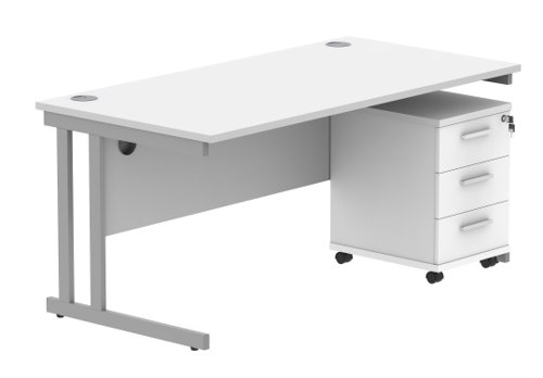 Double Upright Rectangular Desk + 3 Drawer Mobile Under Desk Pedestal 1600X800 Arctic White/Silver