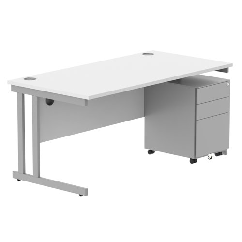 Double Upright Rectangular Desk + Under Desk Steel Pedestal 3 Drawers 1600X800 Arctic White/Silver