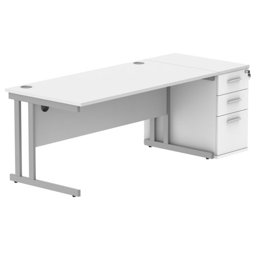 Double Upright Rectangular Desk + Desk High Pedestal 1600X800 Arctic White/Silver