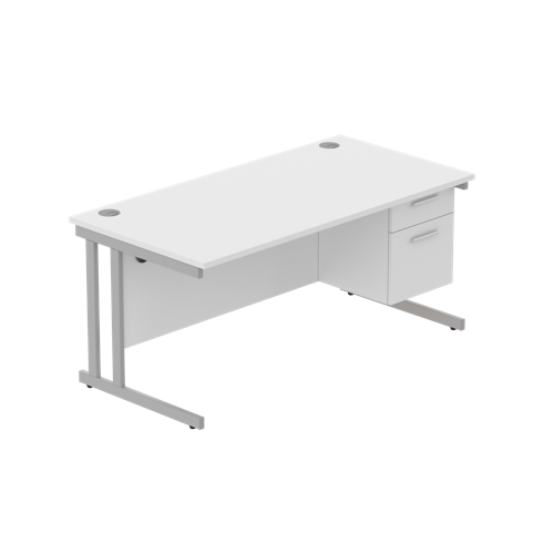 Office Rectangular Desk with Steel Double Upright Cantilever Legs + 2 Drawer Fixed Pedestal  1600X800 Arctic White/Silver