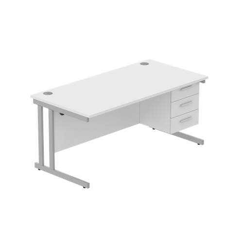 Office Rectangular Desk with Steel Double Upright Cantilever Legs + 3 Drawer Fixed Pedestal  1600X800 Arctic White/Silver
