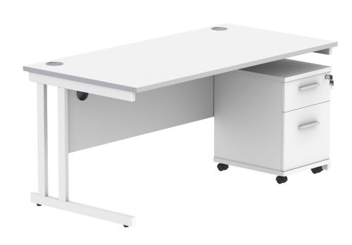 Double Upright Rectangular Desk + 2 Drawer Mobile Under Desk Pedestal (FSC) 1600X800 Arctic White/White