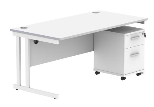 Double Upright Rectangular Desk + 2 Drawer Mobile Under Desk Pedestal 1600X800 Arctic White/White