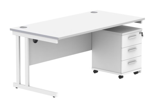 Double Upright Rectangular Desk + 3 Drawer Mobile Under Desk Pedestal (FSC) 1600X800 Arctic White/White